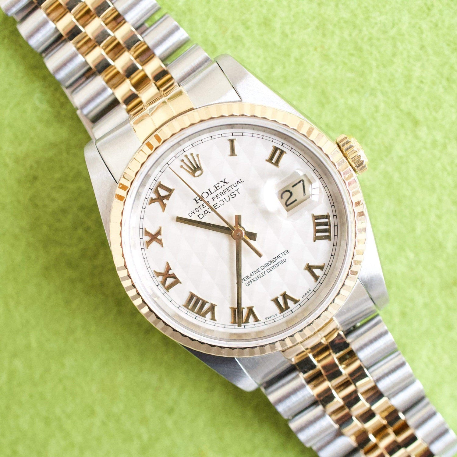 Sold Out: Rolex Datejust 16233 36MM Rare Pyramid Dial Two-Tone with Box and Papers 1990