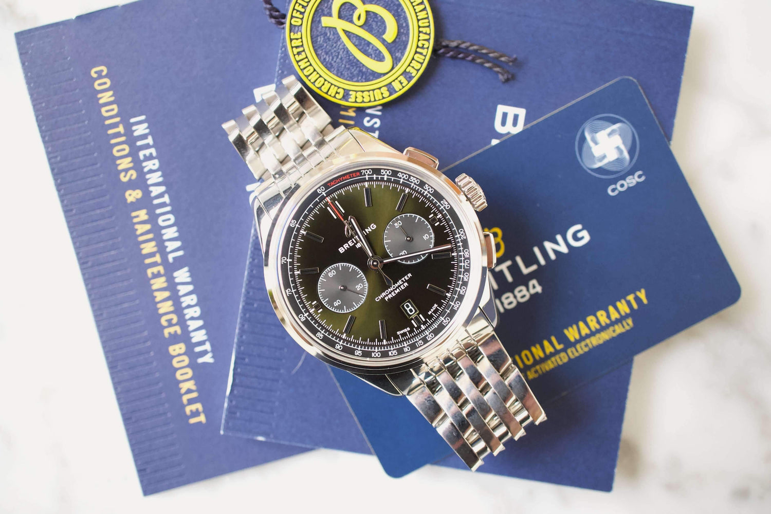 SOLD OUT: Breitling Premier 42mm B01 Chronograph AB011 British Racing Green Dial Box Papers - WearingTime Luxury Watches