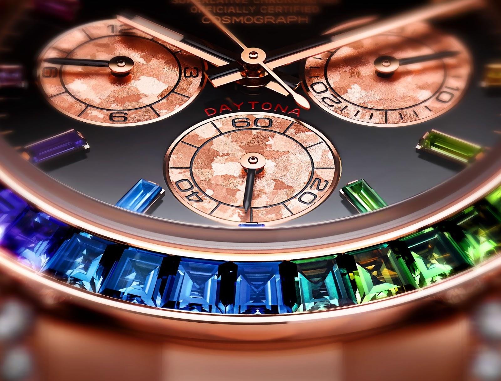Close-up of luxury chronograph watch face, rainbow gemstone bezel, rose gold dials