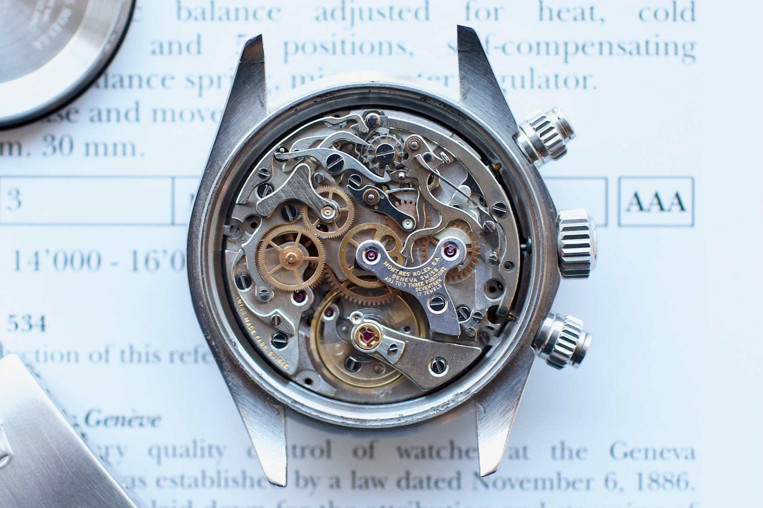 Close-up of luxury Swiss chronograph watch movement with intricate gears and components