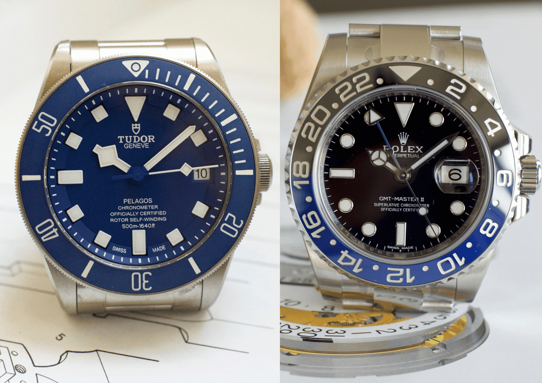 Side-by-side Tudor Pelagos blue dial and Rolex GMT-Master II black and blue bezel luxury watches