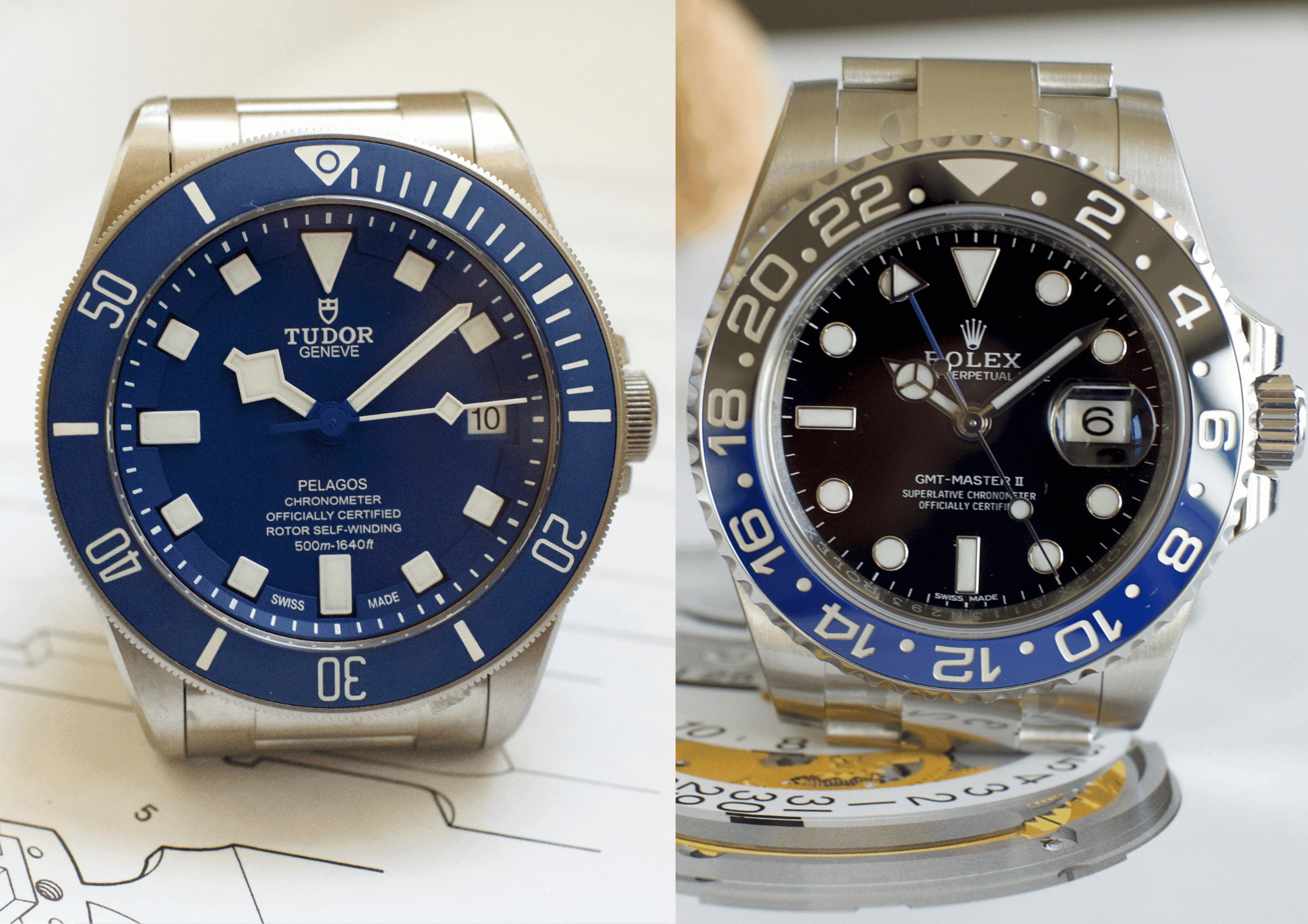Side-by-side Tudor Pelagos blue dial and Rolex GMT-Master II black and blue bezel luxury watches