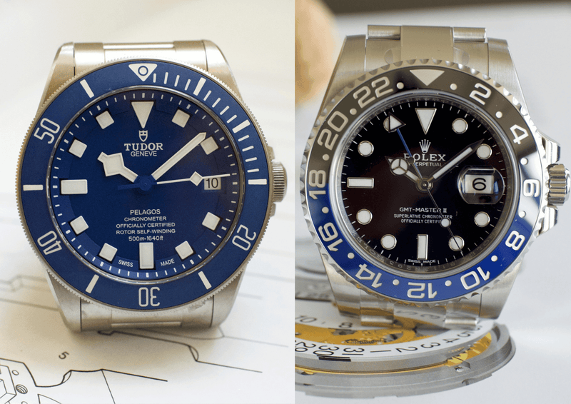 Side-by-side Tudor Pelagos blue dial and Rolex GMT-Master II black and blue bezel luxury watches