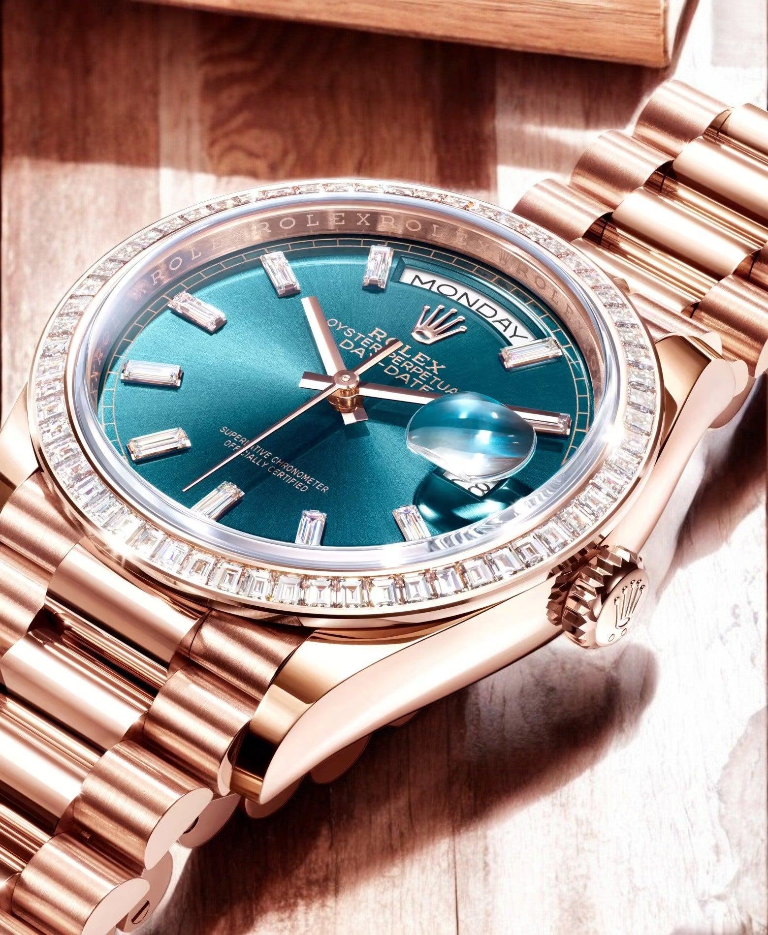 Luxury rose gold watch with blue dial, diamond bezel, and baguette hour markers on wood surface.