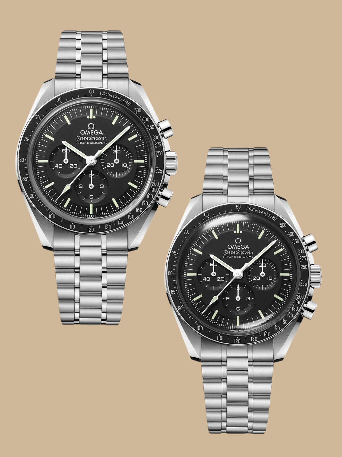 Two Omega Speedmaster Professional stainless steel chronograph watches on beige background.
