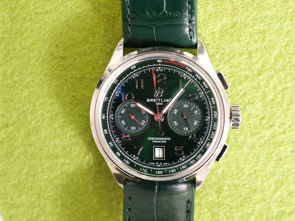 SOLDOUT: Breitling Premier B01 Chronograph AB0145 42MM Green Dial Green Strap Factory Warranty Box Papers 2024