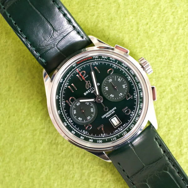 SOLDOUT: Breitling Premier B01 Chronograph AB0145 42MM Green Dial Green Strap Factory Warranty Box Papers 2024