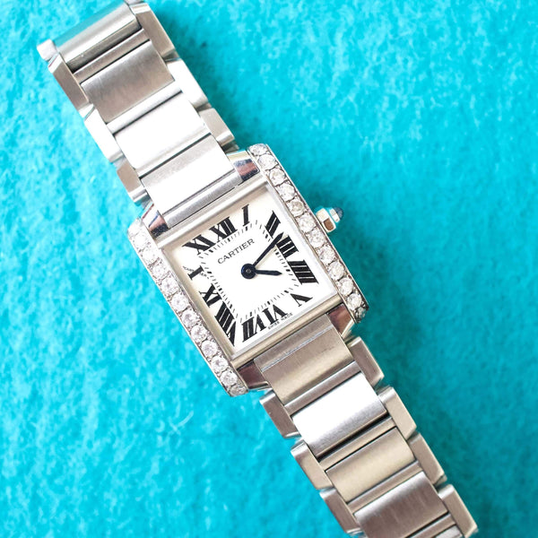 SOLDOUT: Cartier Tank Francaise 2384 Quartz 20MM Diamond Bezel Box Paper Warranty until 2025