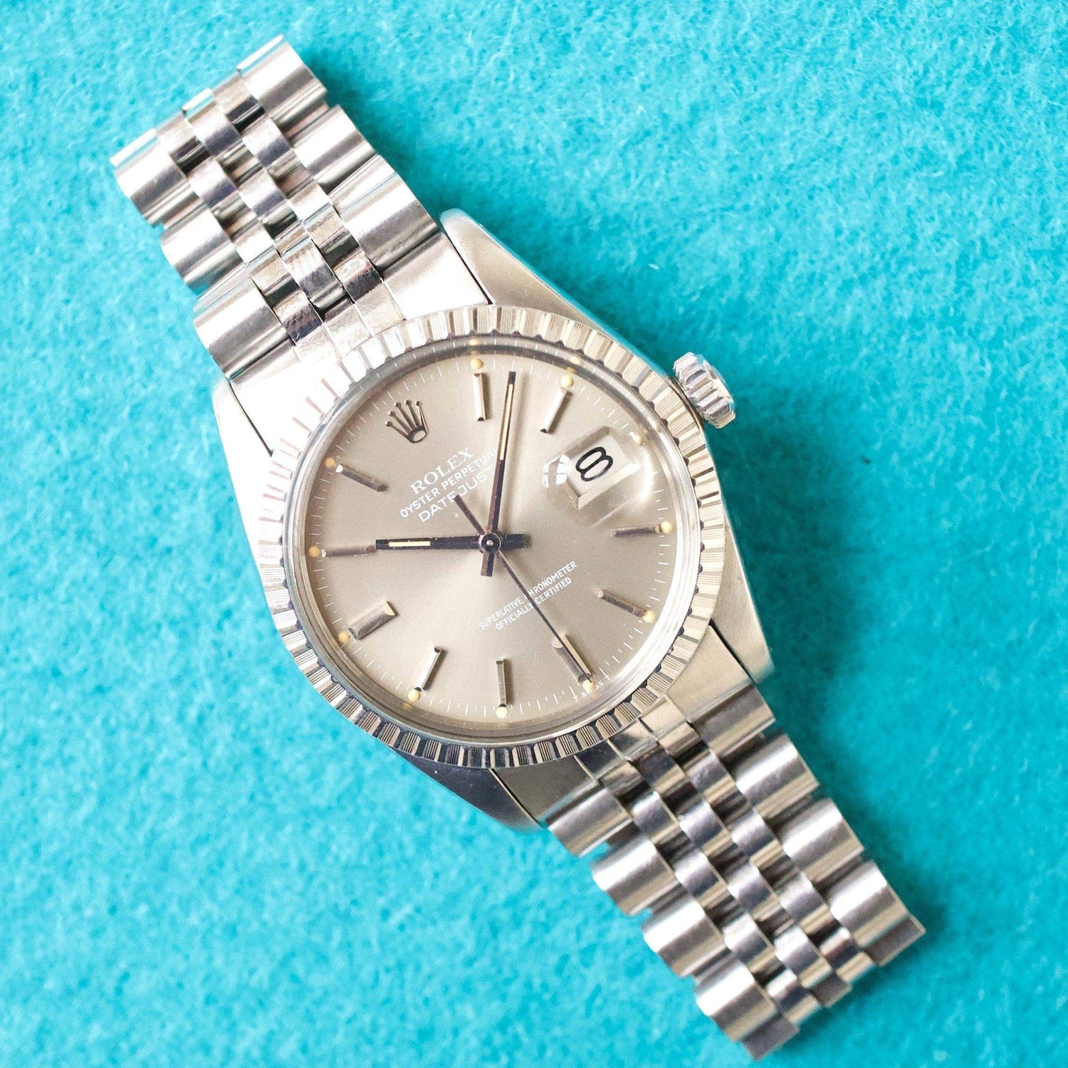 Rolex Datejust 36MM 16030 Quickset Engine Turned Bezel SERVICED 1 Year Warranty Rolex Box RARE Grey Dial