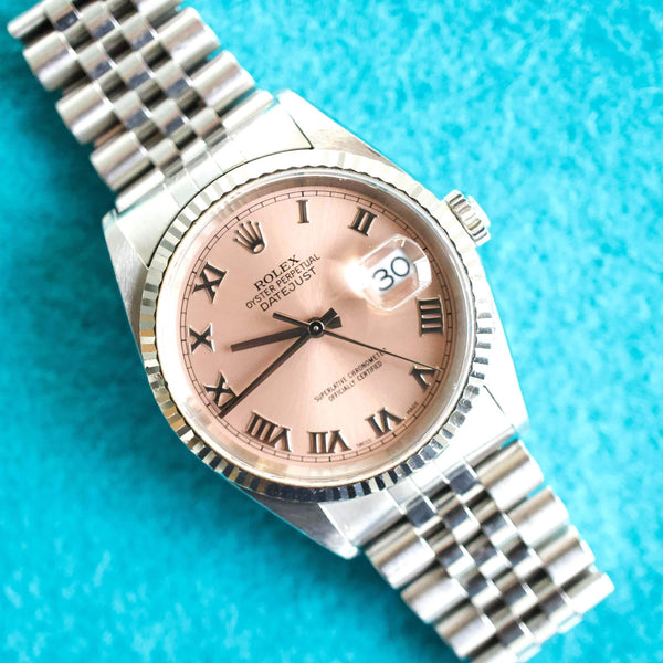 SOLDOUT: Rolex Datejust 16234 36MM 18K Bezel Quickset Jubilee Rare Salmon Dial Year 2000 No Holes Factory Rolex Box