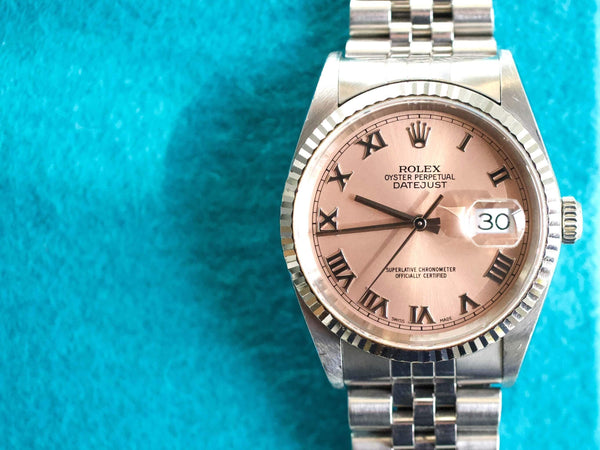 SOLDOUT: Rolex Datejust 16234 36MM 18K Bezel Quickset Jubilee Rare Salmon Dial Year 2000 No Holes Factory Rolex Box