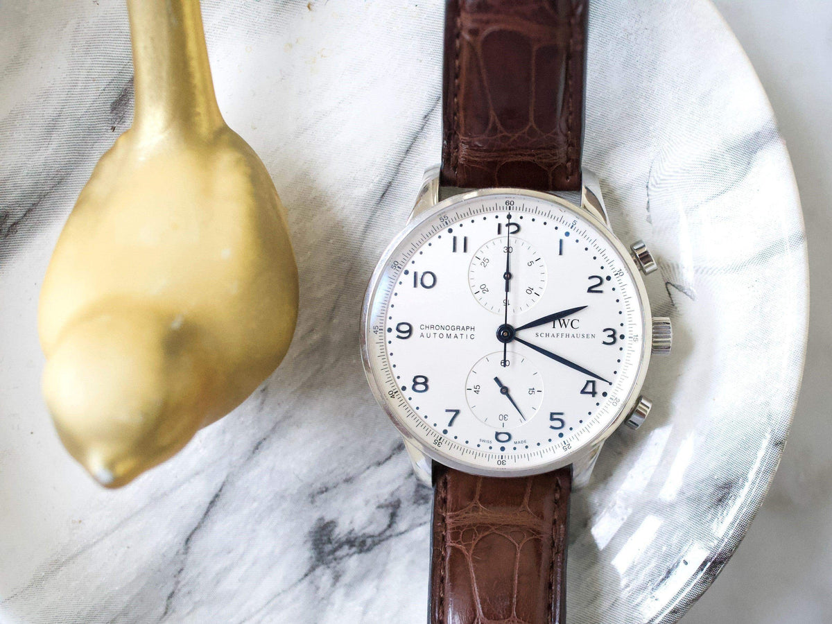 IWC Portuguese IW371446 PORTUGIESER 41MM Box Papers White Dial Factory Brown Strap Buckle - WearingTime Luxury Watches