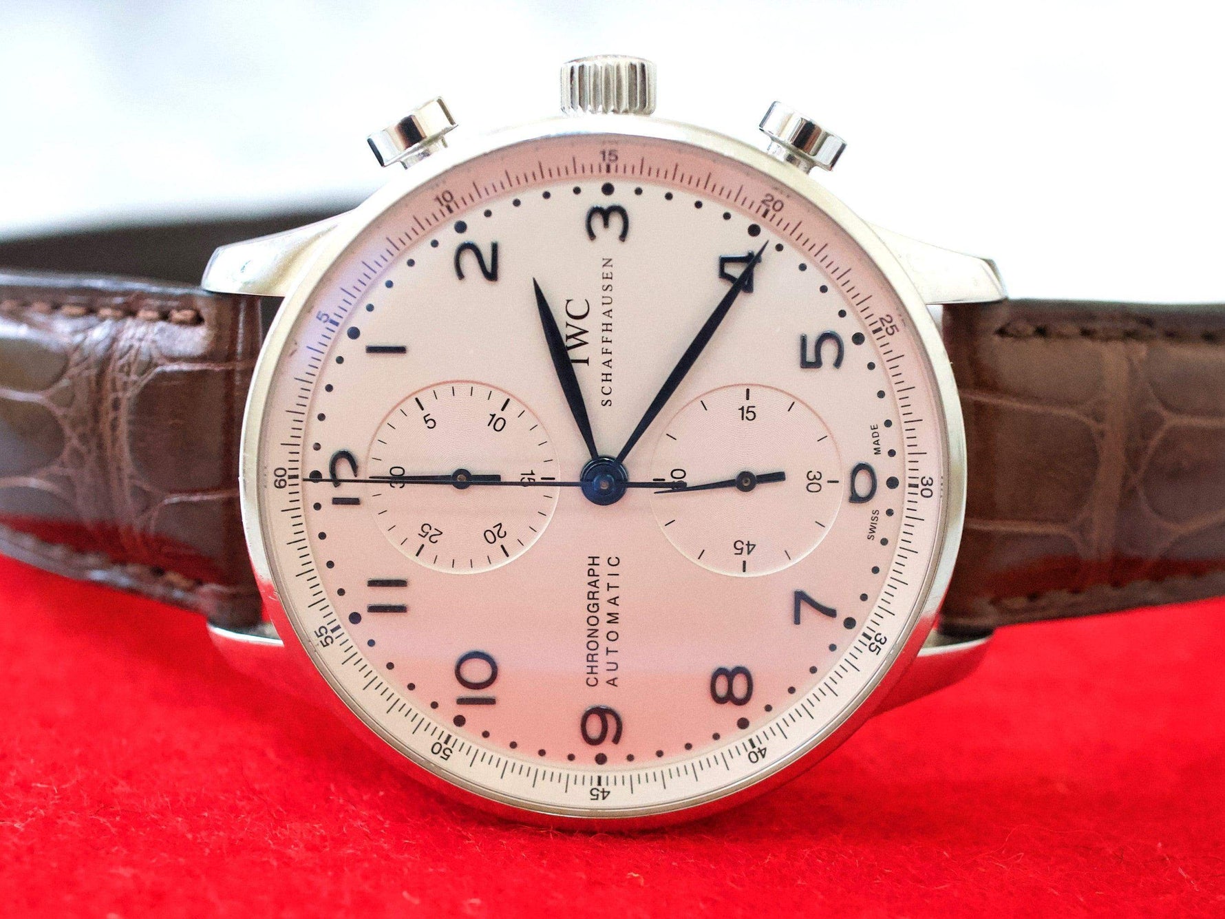 IWC Portuguese IW371446 PORTUGIESER 41MM Box Papers White Dial Factory Brown Strap Buckle - WearingTime Luxury Watches
