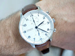 IWC Portuguese IW371446 PORTUGIESER 41MM Box Papers White Dial Factory Brown Strap Buckle - WearingTime Luxury Watches