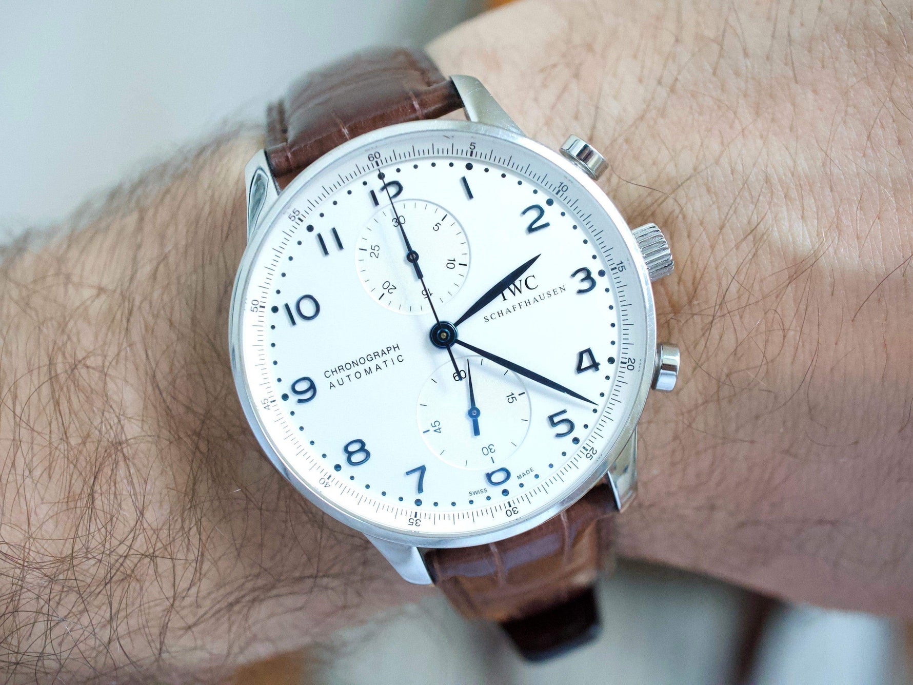 IWC Portuguese IW371446 PORTUGIESER 41MM Box Papers White Dial Factory Brown Strap Buckle - WearingTime Luxury Watches
