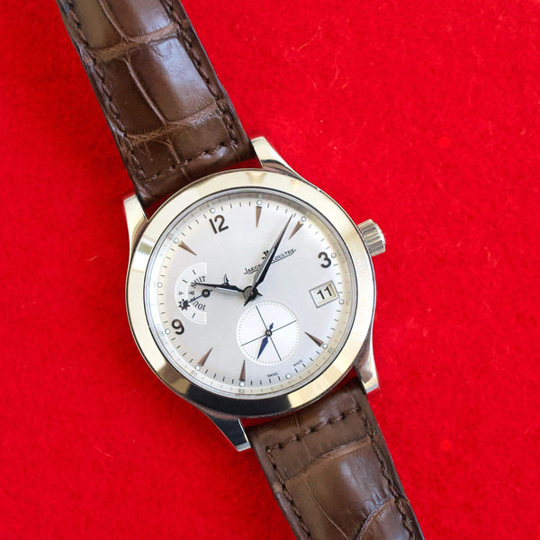 SOLDOUT: Jaeger-LeCoultre 147.8.05.S Master HomeTime 40MM Automatic GMT Box and Papers Silver Dial Brown Strap