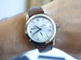 SOLDOUT: Jaeger-LeCoultre 147.8.05.S Master HomeTime 40MM Automatic GMT Box and Papers Silver Dial Brown Strap