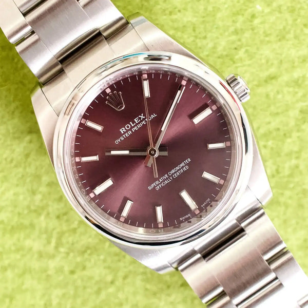 SOLDOUT: Rolex Oyster Perpetual 34MM 114200 Red Grape Purple Dial Automatic Serviced Warranty Box Papers 2015