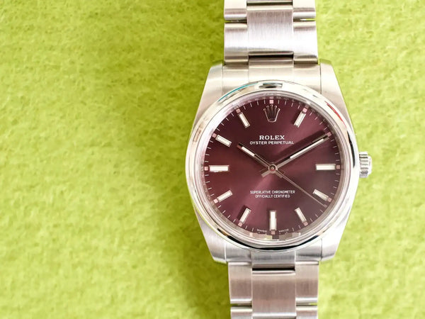 SOLDOUT: Rolex Oyster Perpetual 34MM 114200 Red Grape Purple Dial Automatic Serviced Warranty Box Papers 2015
