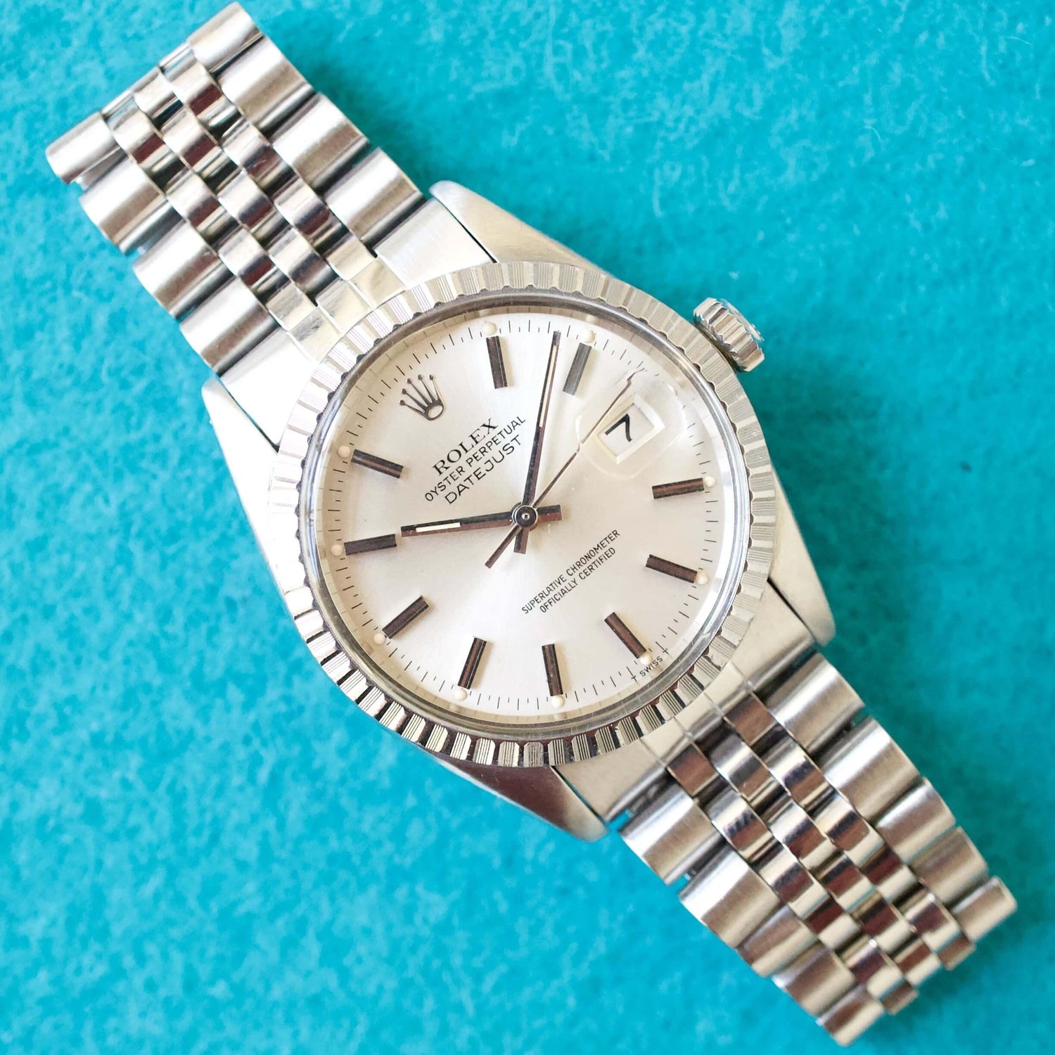 SOLDOUT: Rolex Datejust 36MM 16030 Jubilee  Engine Turned Bezel 1980 1 Year Warranty Box And Papers