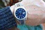 Rolex 16220 Datejust 36MM Rare Blue Dial Automatic Quickset Jubilee Rolex Box - WearingTime Luxury Watches