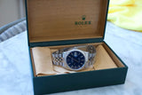 SOLDOUT: Rolex 16220 Datejust 36MM Rare Blue Dial Automatic Quickset Jubilee Rolex Box