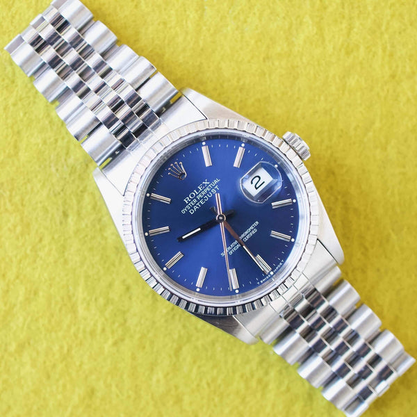 SOLDOUT: Rolex 16220 Datejust 36MM Rare Blue Dial Automatic Quickset Jubilee Rolex Box