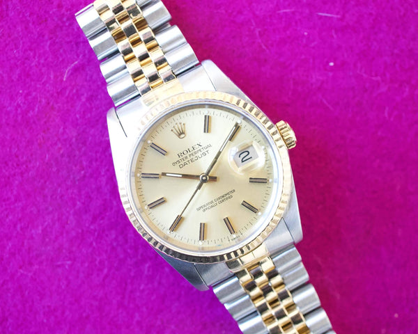 SOLDOUT: Rolex Datejust 36MM 16233 Gold Dial Two Tone Jubilee Quickset Box and Papers