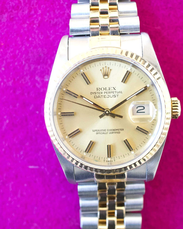 SOLDOUT: Rolex Datejust 36MM 16233 Gold Dial Two Tone Jubilee Quickset Box and Papers