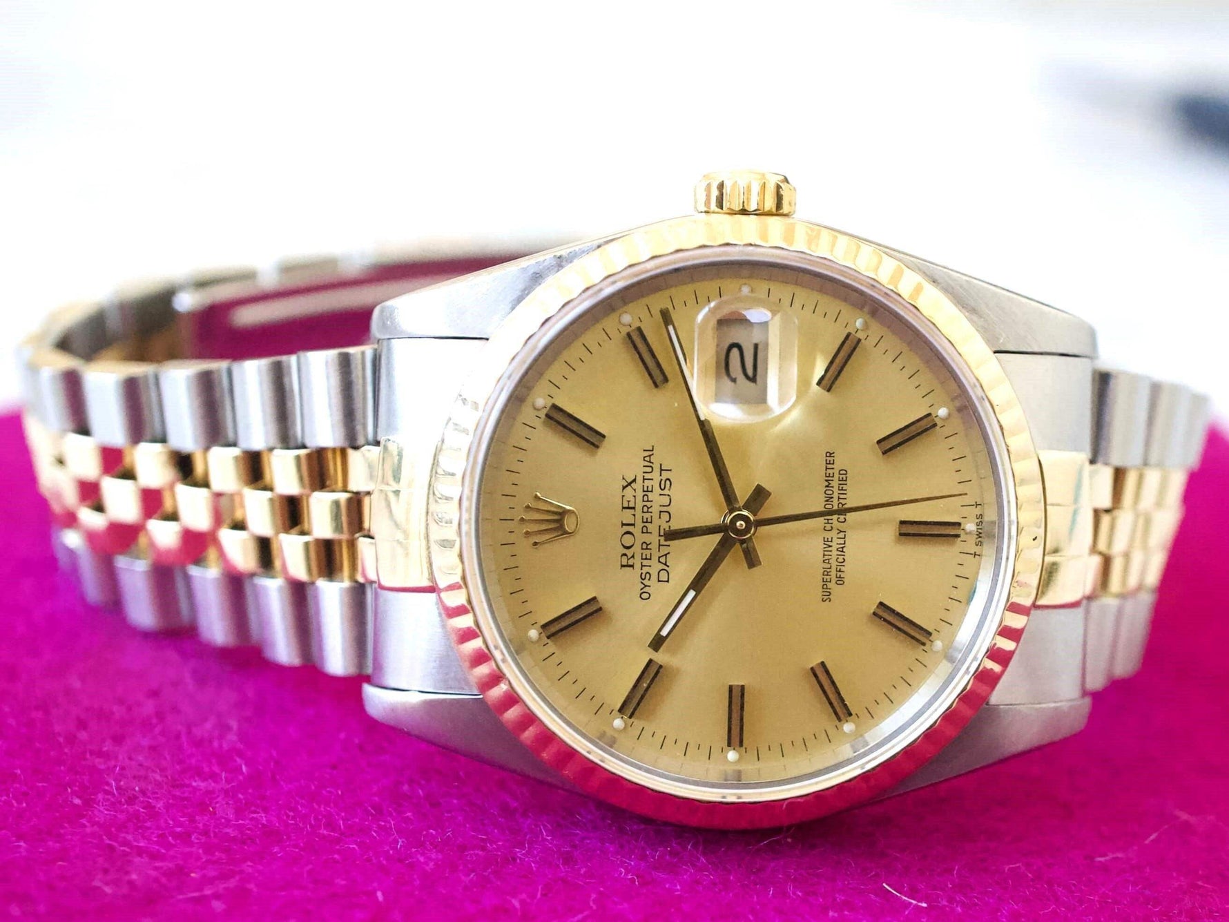 Rolex Datejust 36MM 16233 Gold Dial Two Tone Jubilee Quickset Box and Papers - WearingTime Luxury Watches