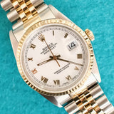 SOLDOUT: Rolex Datejust 16233 White Dial 36MM Automatic Two Tone 18k Gold and Steel SERVICED, 1 YEAR WARRANTY Box 1989