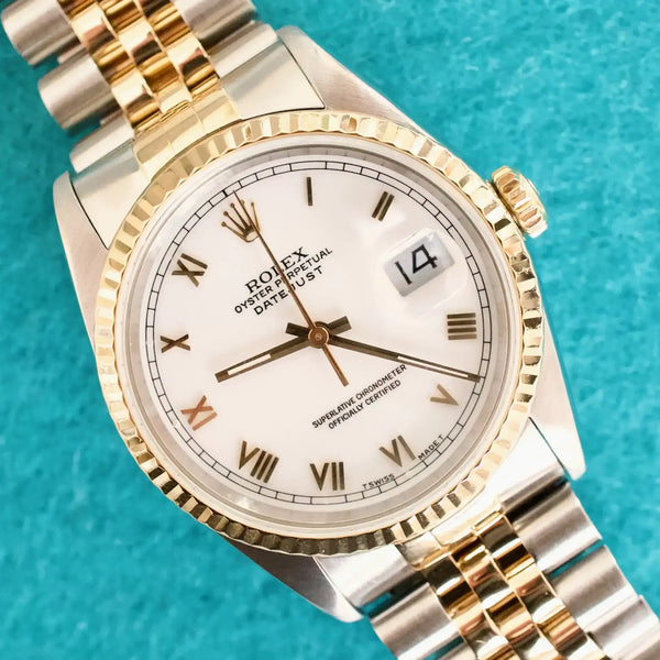 SOLDOUT: Rolex Datejust 16233 White Dial 36MM Automatic Two Tone 18k Gold and Steel SERVICED, 1 YEAR WARRANTY Box 1989