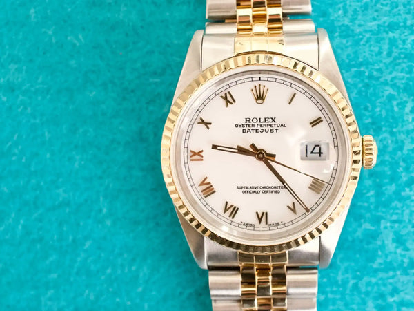 SOLDOUT: Rolex Datejust 16233 White Dial 36MM Automatic Two Tone 18k Gold and Steel SERVICED, 1 YEAR WARRANTY Box 1989