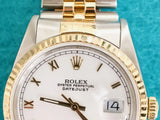 SOLDOUT: Rolex Datejust 16233 White Dial 36MM Automatic Two Tone 18k Gold and Steel SERVICED, 1 YEAR WARRANTY Box 1989