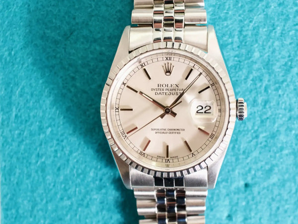 SOLDOUT: Rolex Datejust 36MM 16220 Engine Turn Bezel Mint Automatic 1 Year Warranty Box 1999
