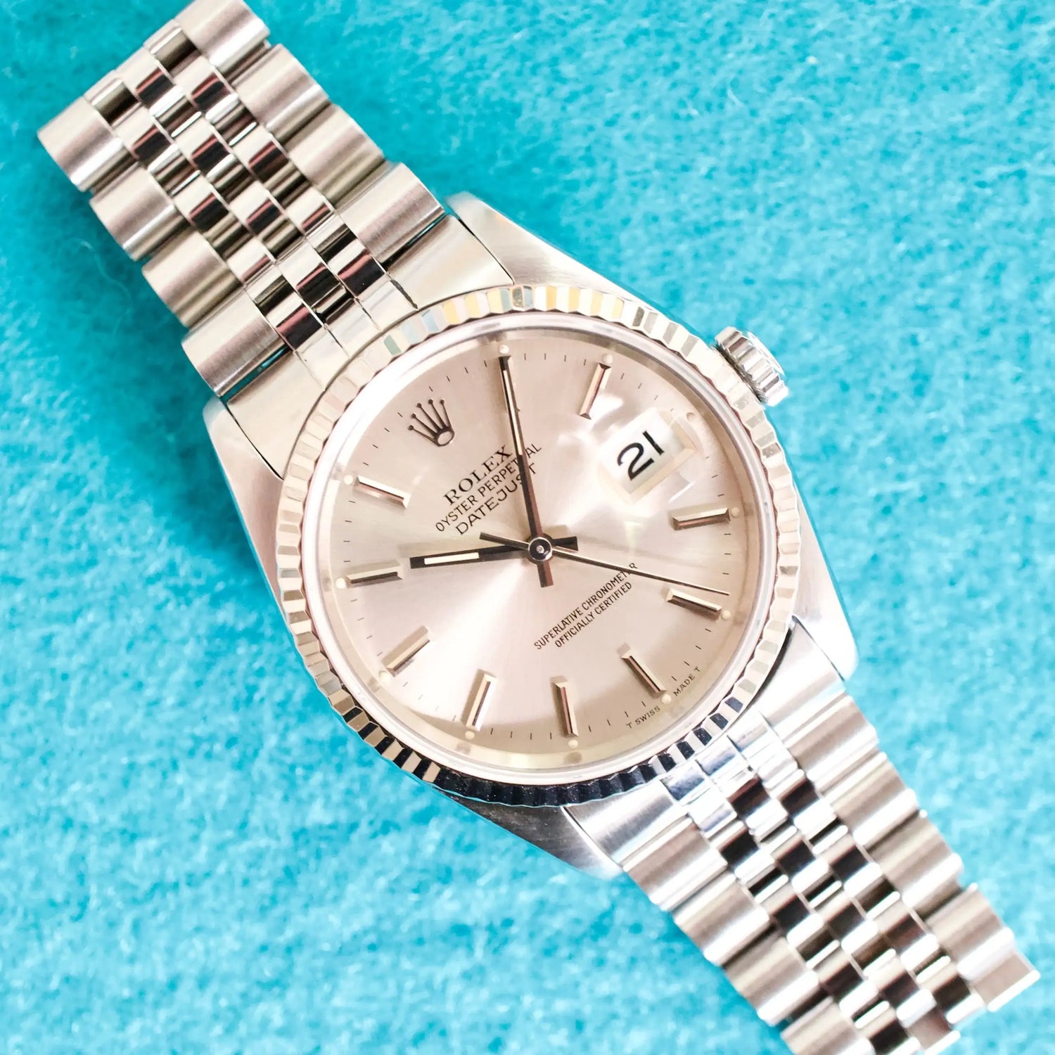 Rolex Datejust 36MM 16234 Silver Stick Dial Automatic Jubilee Fluted Bezel Serviced Box 1991