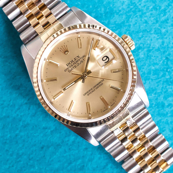 SOLDOUT: Rolex Datejust 36MM 16233 Champagne Dial Two Tone 18k Gold and Steel Automatic Box Papers 1990 FULLY SERVICED 1 Year Warranty