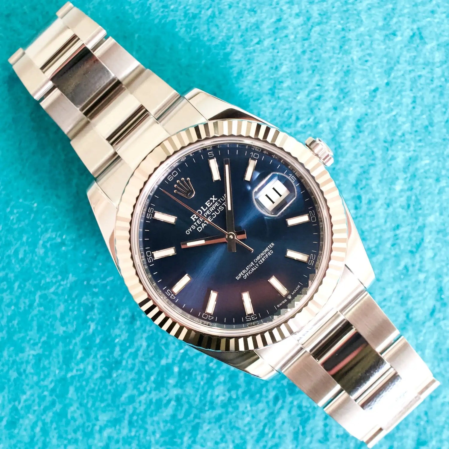 Rolex Datejust 41MM 126334 Automatic Blue Stick Dial 18k White Gold Fluted Bezel Oyster Box Papers 2023