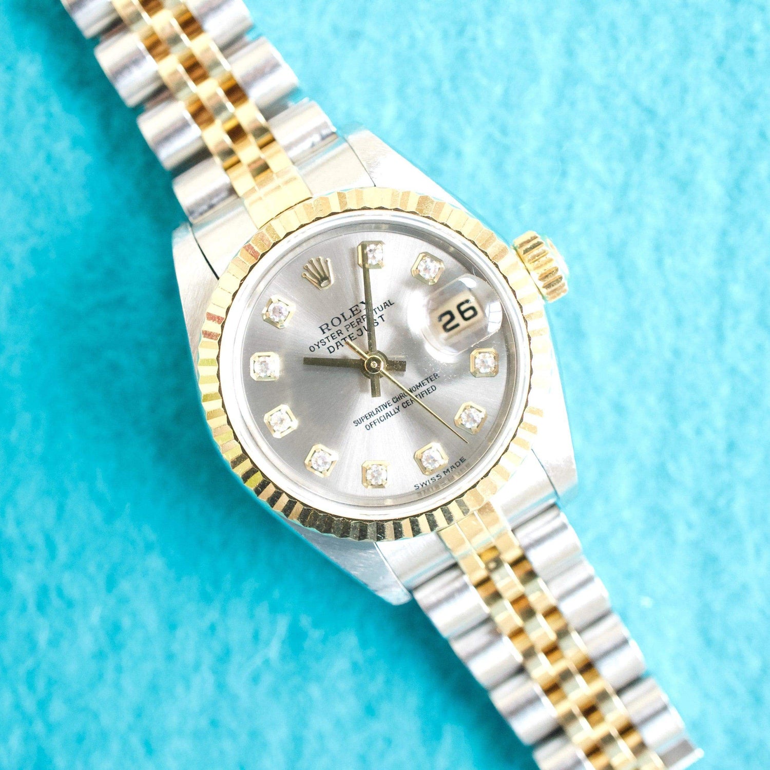 SOLDOUT: Rolex Lady-Datejust 69173 26MM 18k Yellow Gold Steel Grey Dial FACTORY Diamond Dial 18k Fluted Bezel BOX PAPERS FULL SET Jubilee NO HOLES