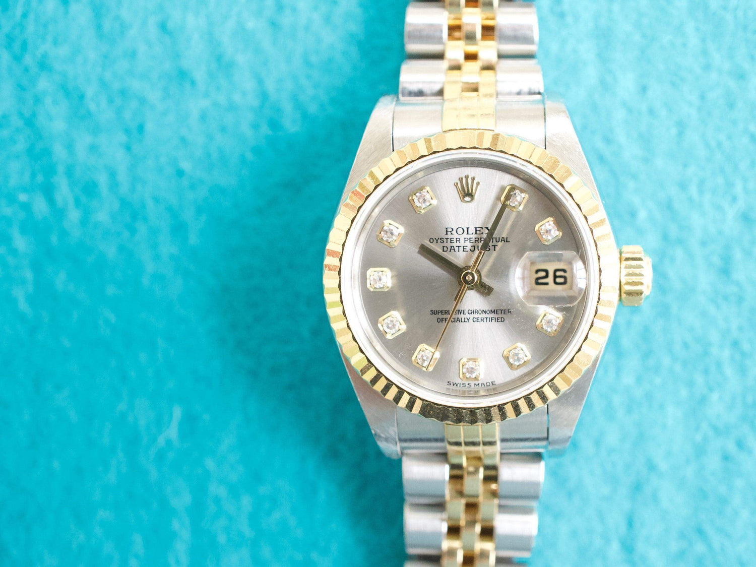 SOLDOUT: Rolex Lady-Datejust 69173 26MM 18k Yellow Gold Steel Grey Dial FACTORY Diamond Dial 18k Fluted Bezel BOX PAPERS FULL SET Jubilee NO HOLES