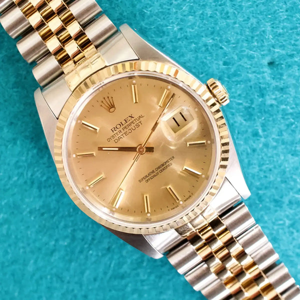 SOLDOUT: Rolex Datejust 16233 36MM Automatic 18k Gold Bezel Two-Tone Champagne Dial Box 1989