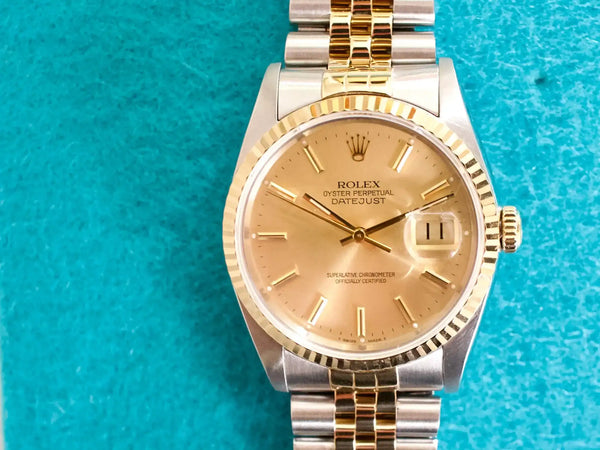 SOLDOUT: Rolex Datejust 16233 36MM Automatic 18k Gold Bezel Two-Tone Champagne Dial Box 1989