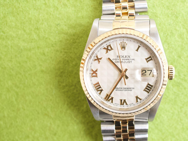 Sold Out: Rolex Datejust 16233 36MM Rare Pyramid Dial Two-Tone with Box and Papers 1990