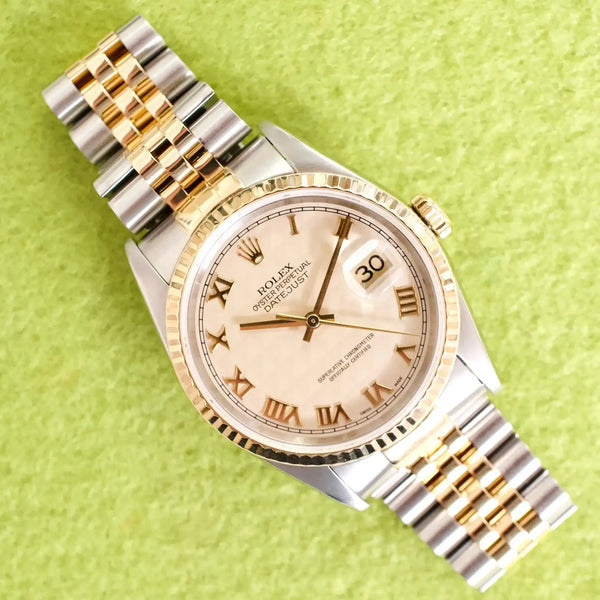 SOLDOUT: Rolex Datejust 36 16233 Automatic 18K Two-Tone Steel Gold Pyramid Dial Jubilee Fully Serviced Box 1995