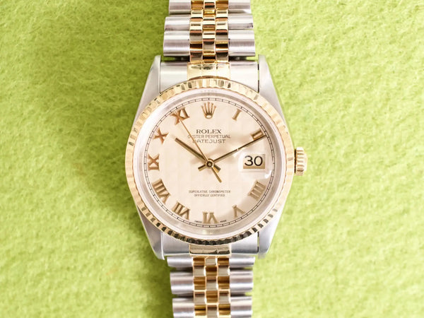 SOLDOUT: Rolex Datejust 36 16233 Automatic 18K Two-Tone Steel Gold Pyramid Dial Jubilee Fully Serviced Box 1995