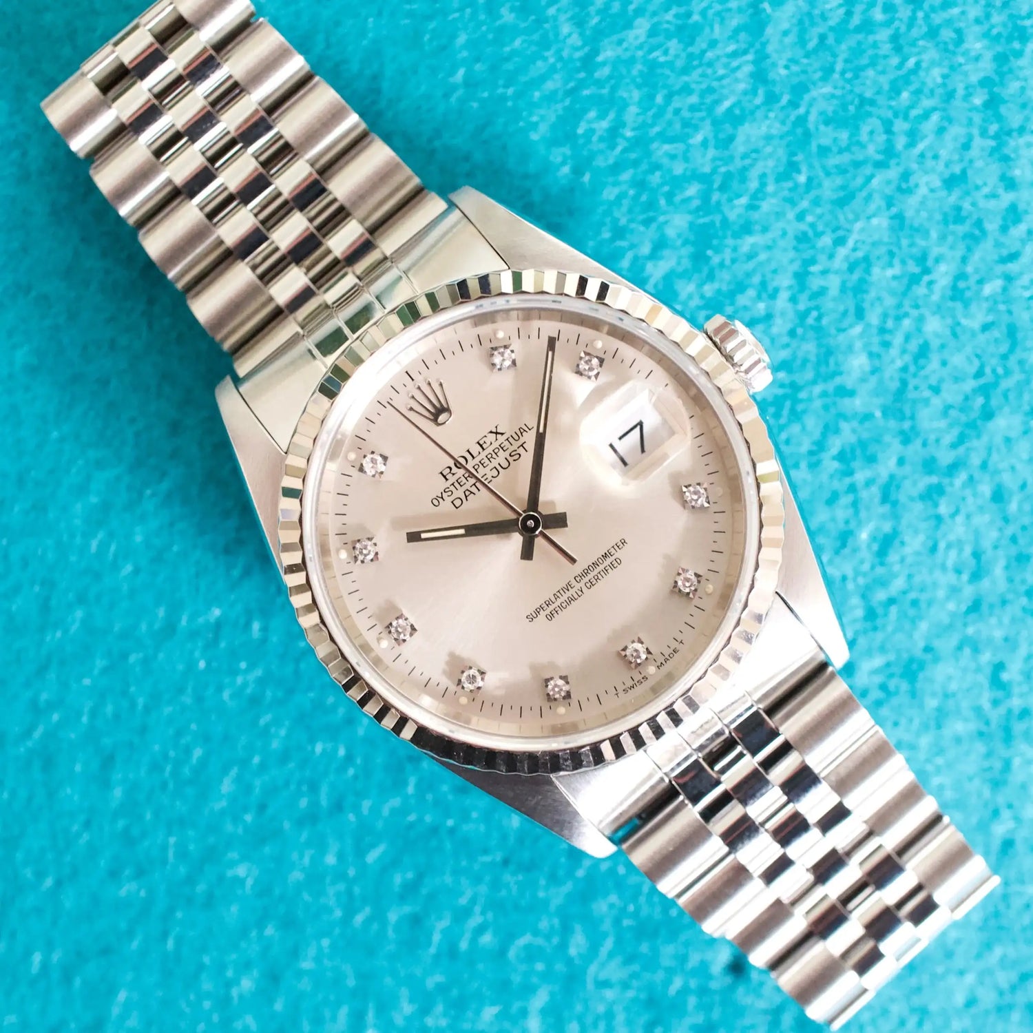 Rolex Datejust 36MM 16234 18K White Gold Bezel Factory Diamond Dial Jubilee Box Serviced 1991