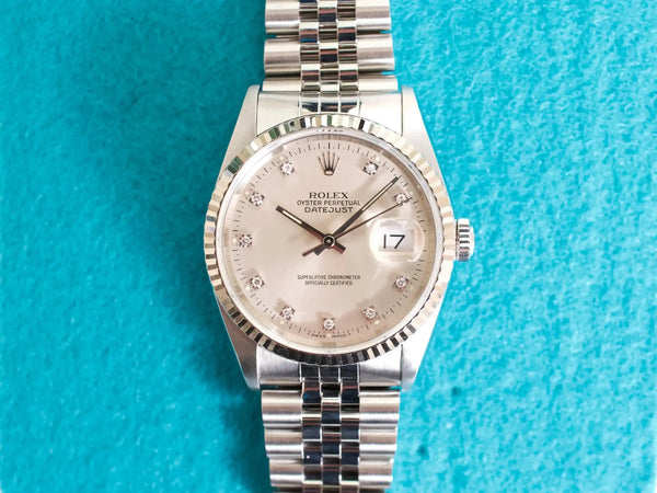 SOLDOUT: Rolex Datejust 36MM 16234 18K White Gold Bezel Factory Diamond Dial Jubilee Box Serviced 1991