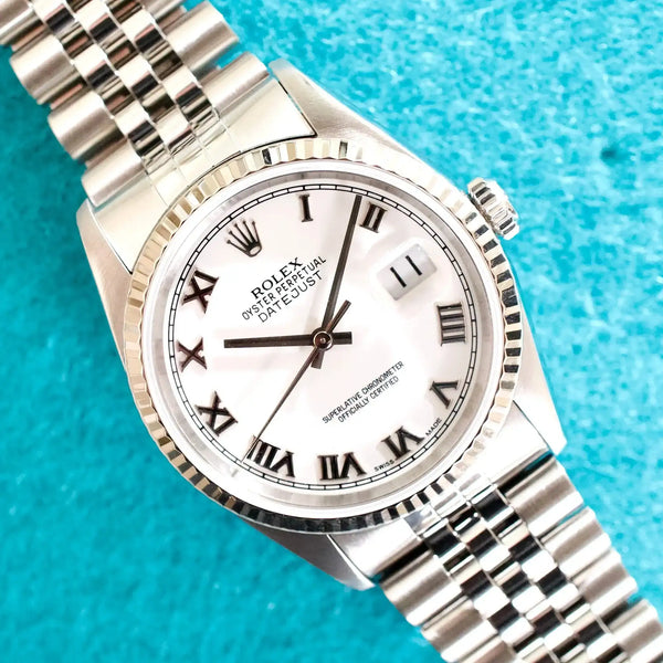 SOLDOUT: Rolex Datejust 16234 36MM Automatic 18k White Gold Bezel White Roman Dial Box Papers 1995