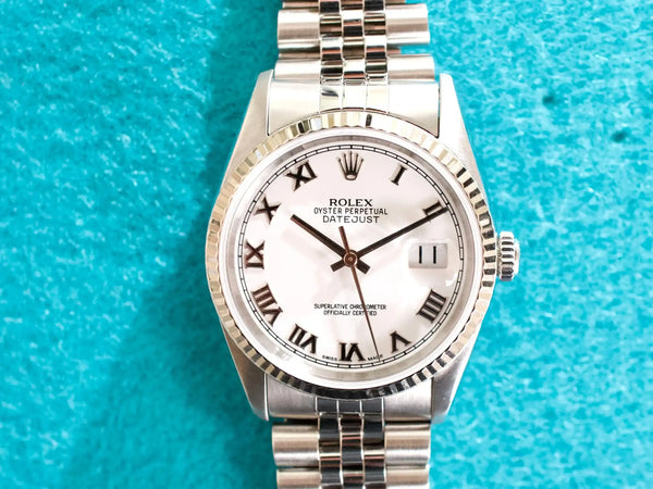 SOLDOUT: Rolex Datejust 16234 36MM Automatic 18k White Gold Bezel White Roman Dial Box Papers 1995