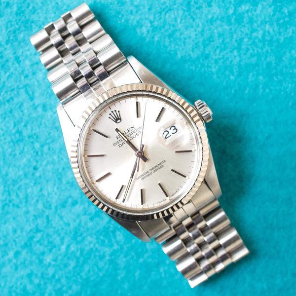 SOLDOUT: Rolex Datejust 36MM 16014 Silver Dial 18K Bezel Quickset Factory Rolex Box and Rolex Service Card